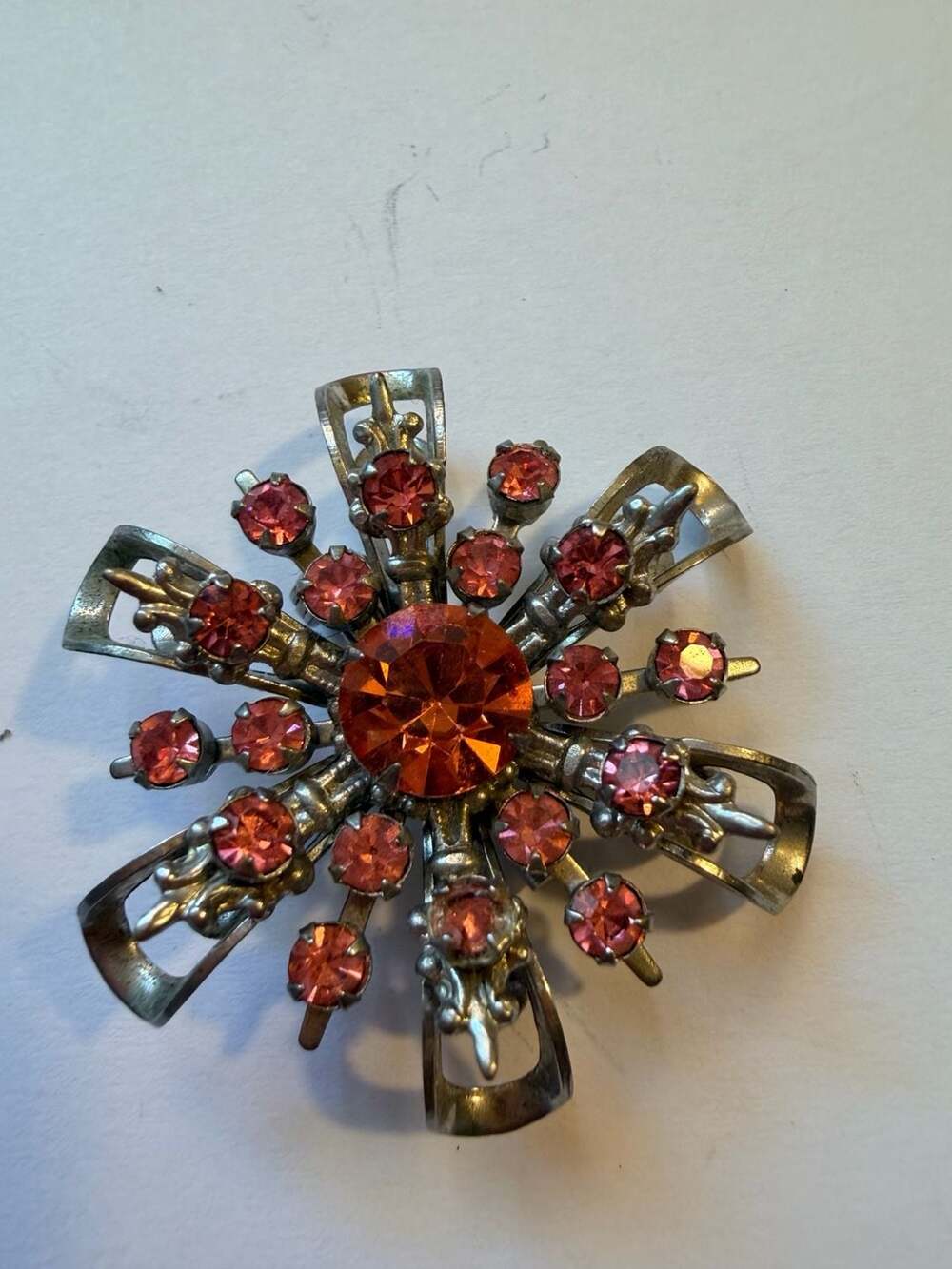 Vintage Starburst Brooch with Orange and Pink Rhinestones, Silver Tone Mid-Centu